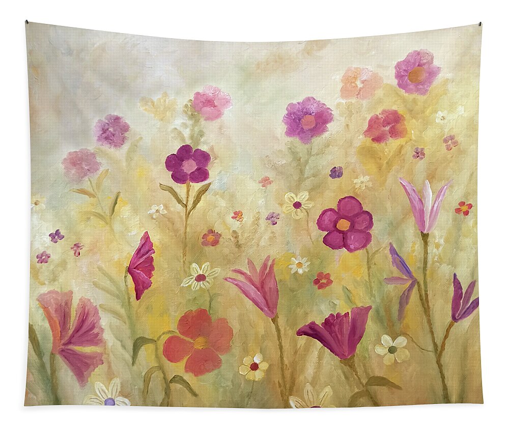 Wild Flowers Tapestry featuring the painting Flowers In The Mist by Angeles M Pomata