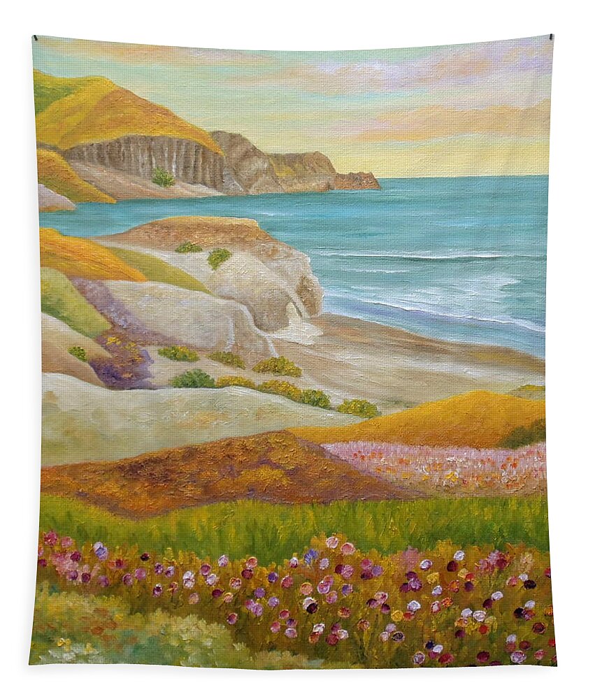 Wild Flowers Tapestry featuring the painting Prairie By The Sea by Angeles M Pomata