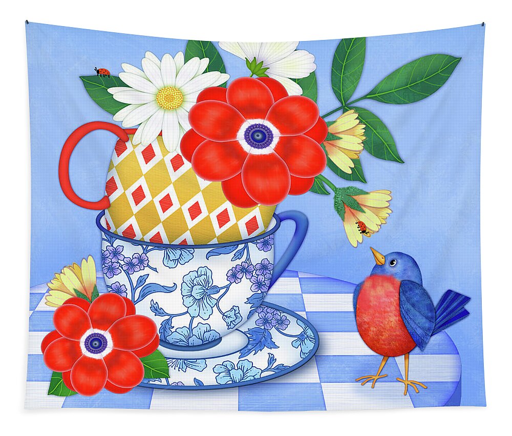 Tea Cups Tapestry featuring the digital art Grandma's Tea Cups by Valerie Drake Lesiak
