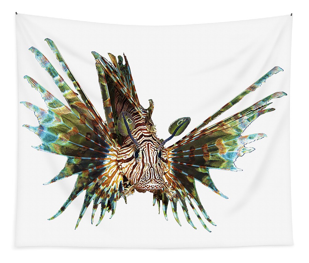 Abstract Tapestry featuring the mixed media Lionfish - Close and intense - Reduced to the MAX - by Ute Niemann