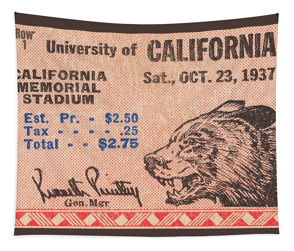California Tapestry featuring the mixed media 1937 Cal Bears Football Ticket Remix Art by Row One Brand