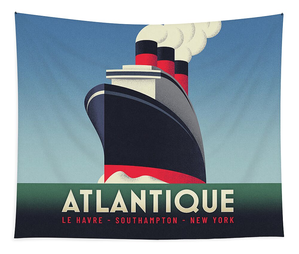 Art Deco Tapestry featuring the digital art Art Deco Ocean Liner Ship - Blue by Organic Synthesis
