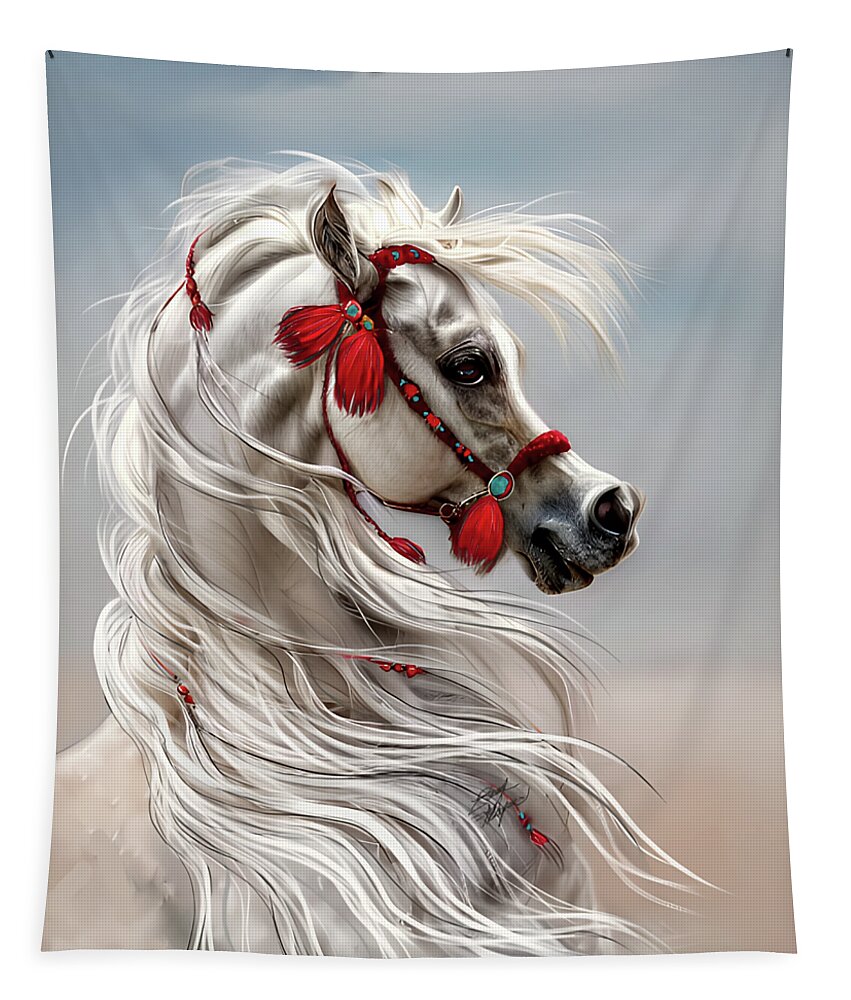 Equestrian Art Tapestry featuring the digital art Arabian with Red Tassels by Stacey Mayer by Stacey Mayer