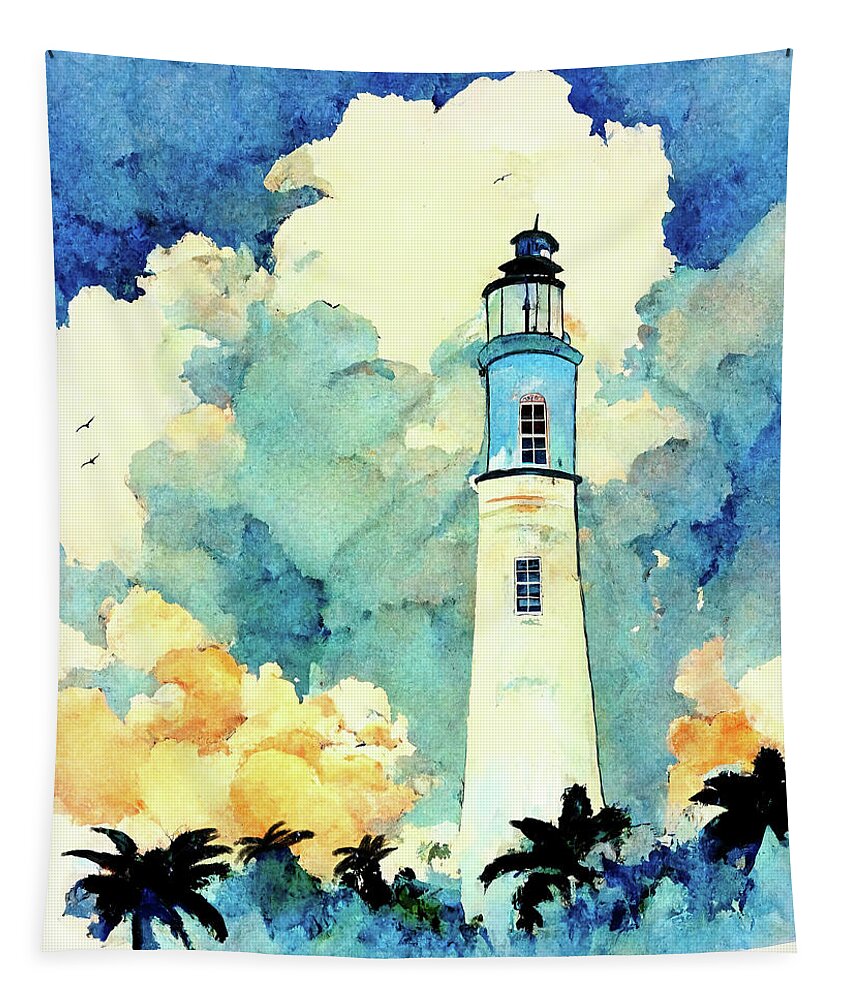 Tropical Lighthouse Tapestry featuring the digital art Tropical Lighthouse - Somewhere Warm by Mark Tisdale