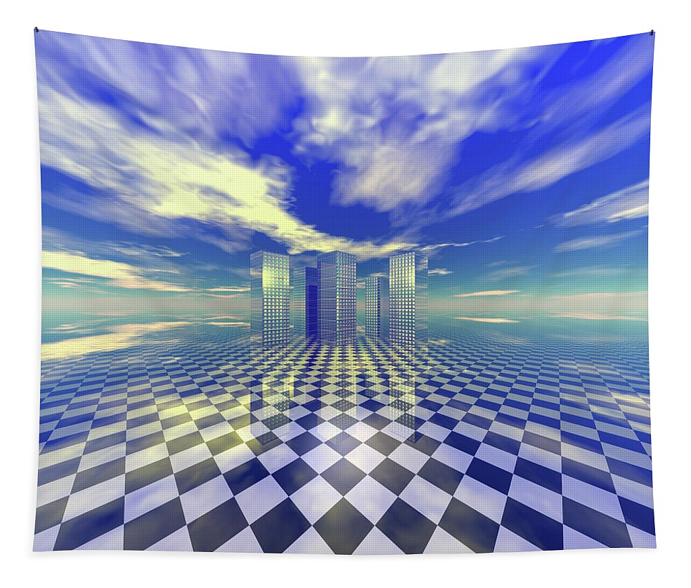 Digital Art Tapestry featuring the digital art City in the Clouds by Phil Perkins