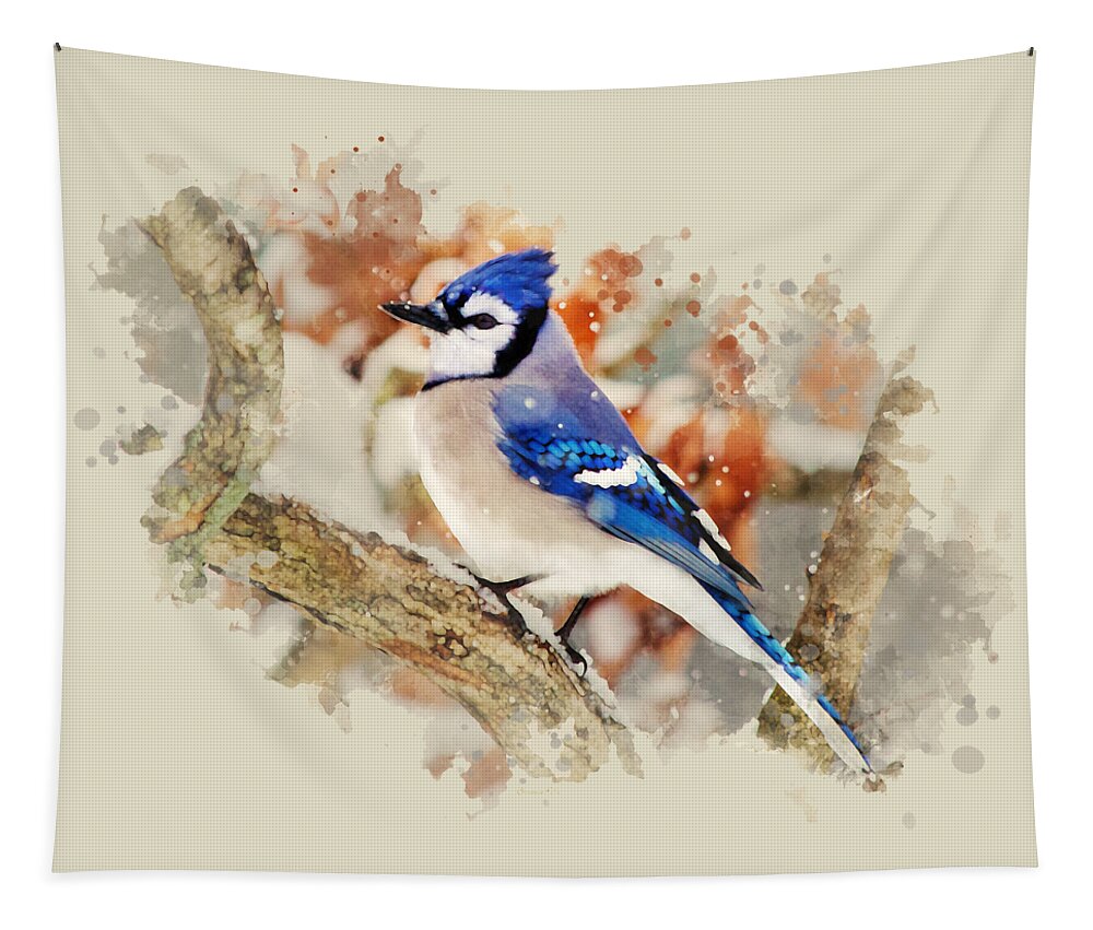 Blue Jay Tapestry featuring the mixed media Beautiful Blue Jay - Watercolor Art by Christina Rollo
