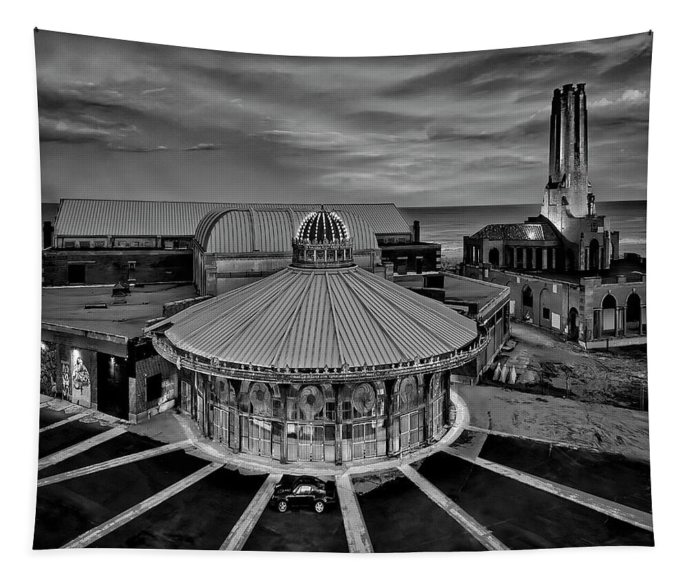 Asbury Park Tapestry featuring the photograph Asbury Park Carousel Aerial NJ BW by Susan Candelario