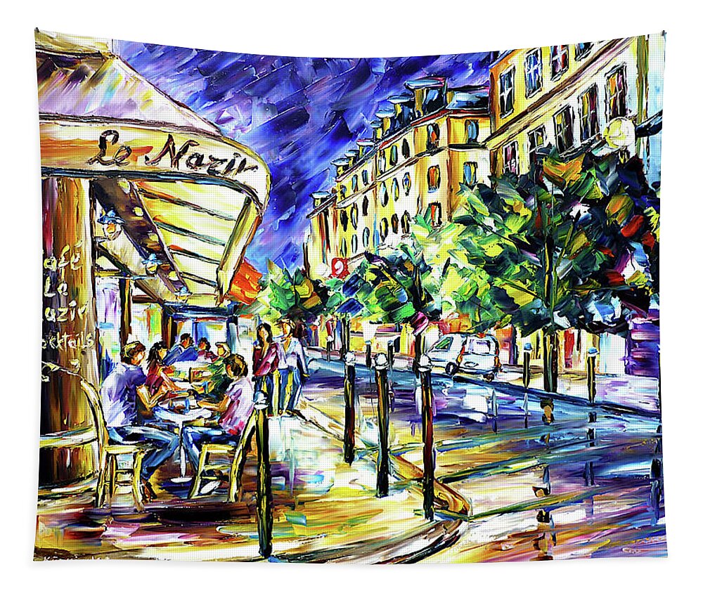 Cafe Le Nazir Paris Tapestry featuring the painting At Night On Montmartre by Mirek Kuzniar
