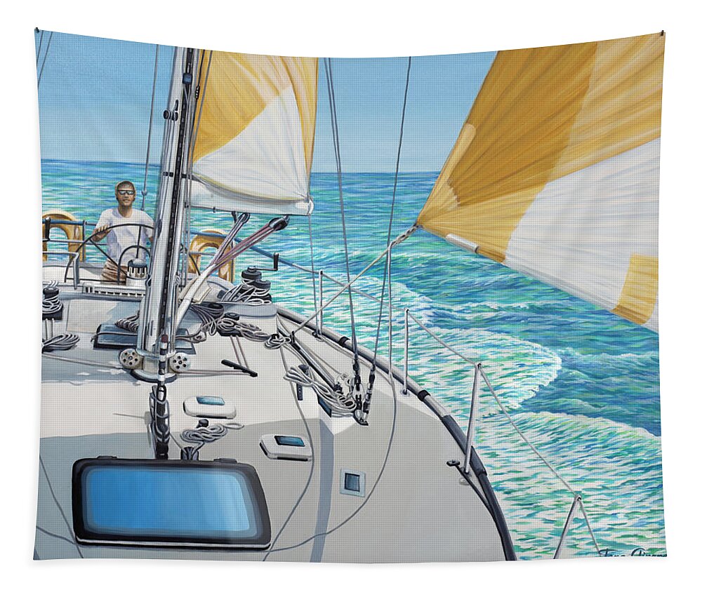 Seascape Tapestry featuring the painting At The Helm by Jane Girardot