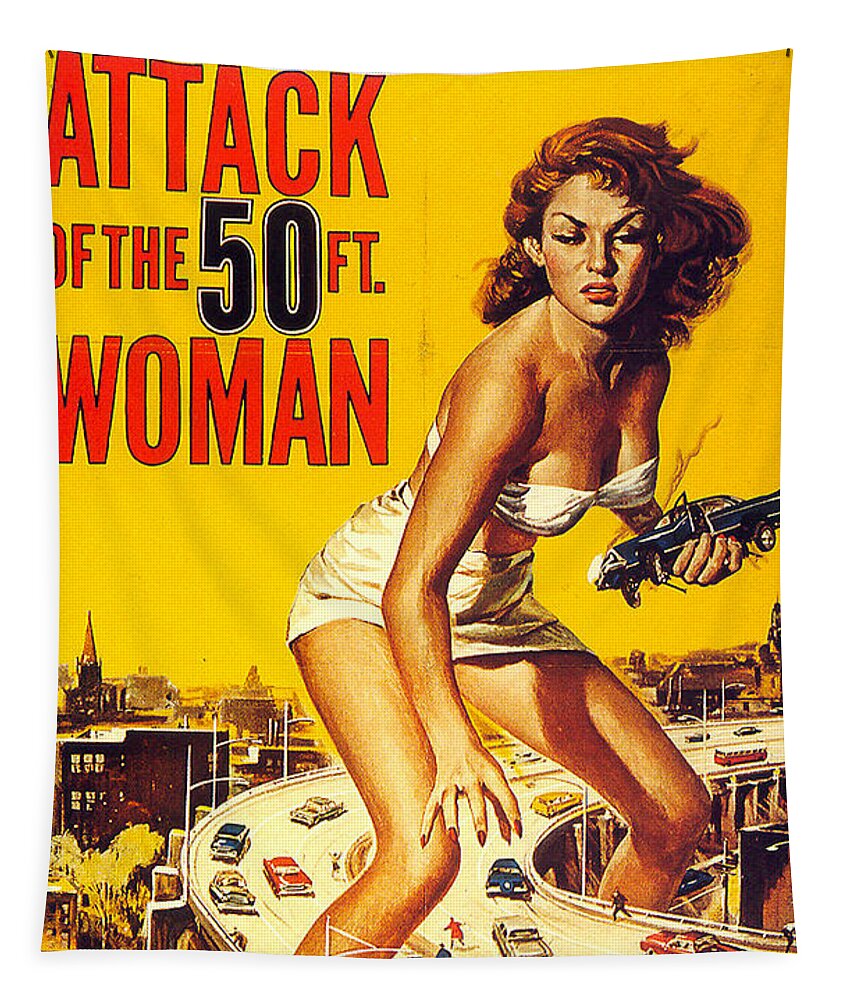 Reynold Tapestry featuring the mixed media ''Attack of the 50 ft. Woman'', 1958 - art by Reynold Brown by Movie World Posters