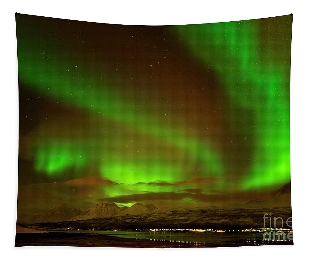 Northern Lights Tapestry featuring the photograph Aurora borealis or northern lights ,Lyngen Alps, North Norway by Neale And Judith Clark