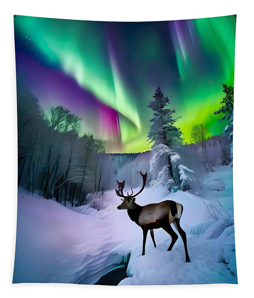 Aurora Borealis Tapestry featuring the mixed media Aurora Winter Miracle by Lisa Pearlman