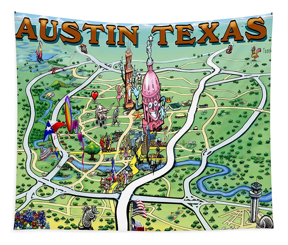 Austin Tapestry featuring the painting Austin Texas Fun Map by Kevin Middleton