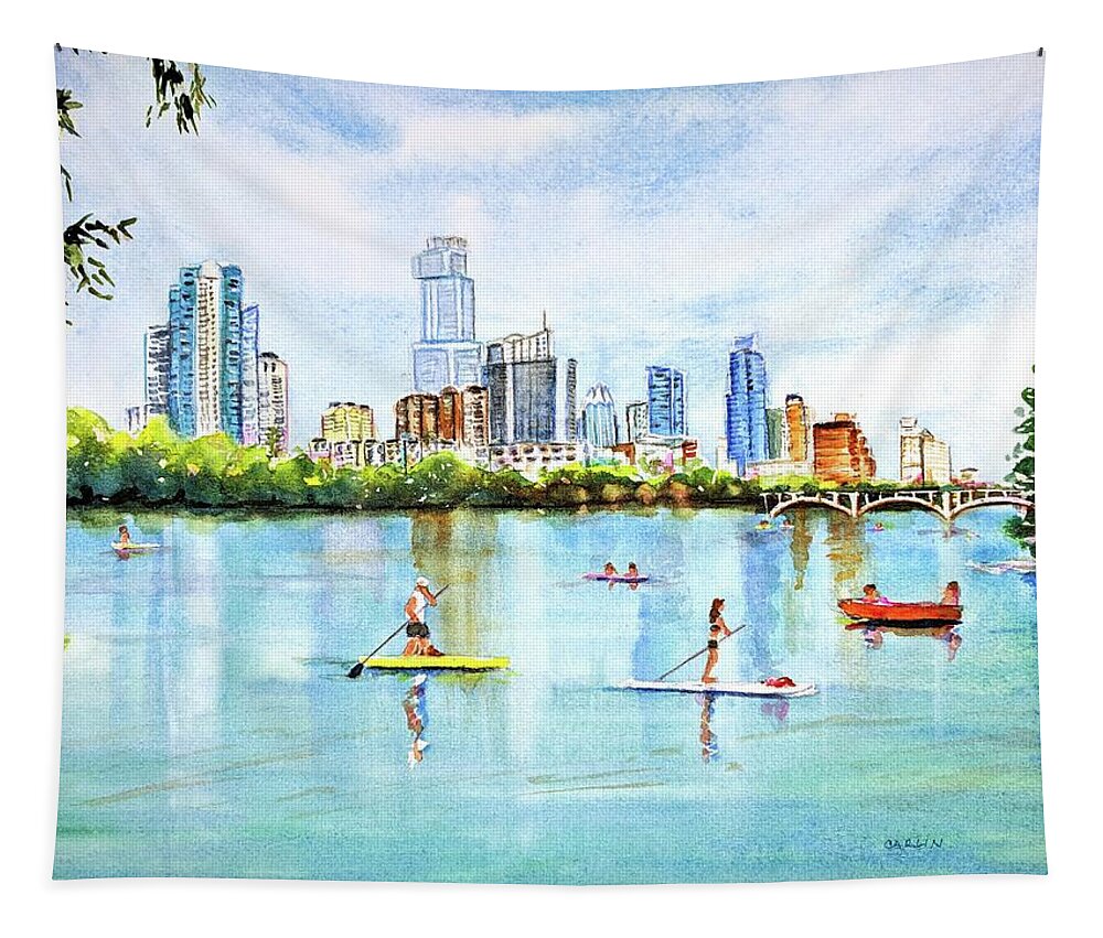 Austin Tapestry featuring the painting Austin Texas Skyline from Lou Neff Point by Carlin Blahnik CarlinArtWatercolor
