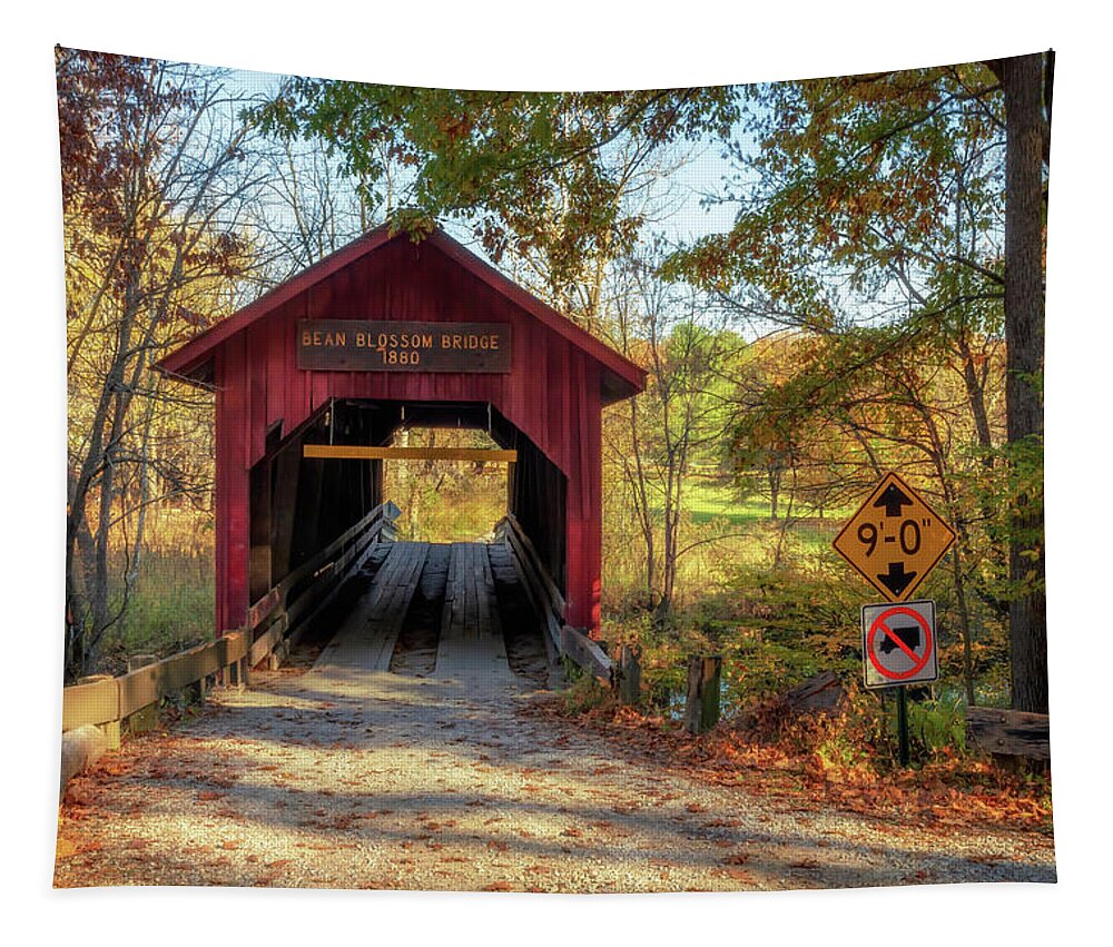 Bean Blossom Bridge Tapestry featuring the photograph Autumn at Bean Blossom Bridge by Susan Rissi Tregoning