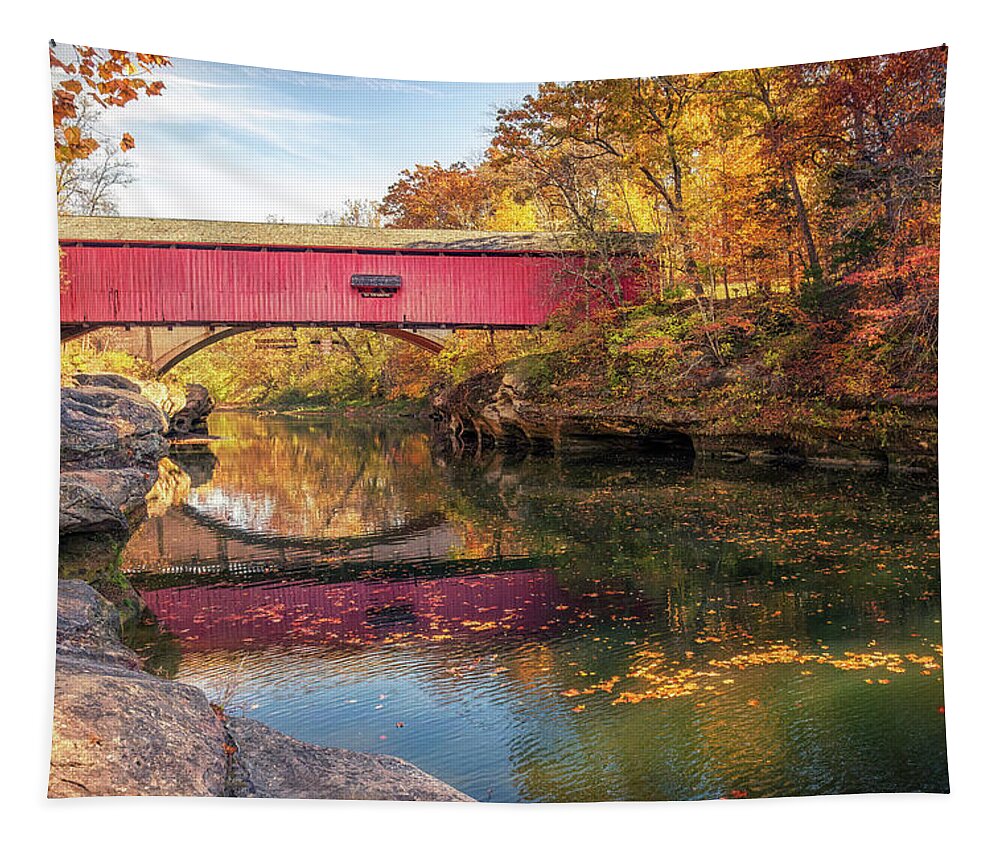 Parke County Tapestry featuring the photograph Autumn at Narrows Covered Bridge by Susan Rissi Tregoning