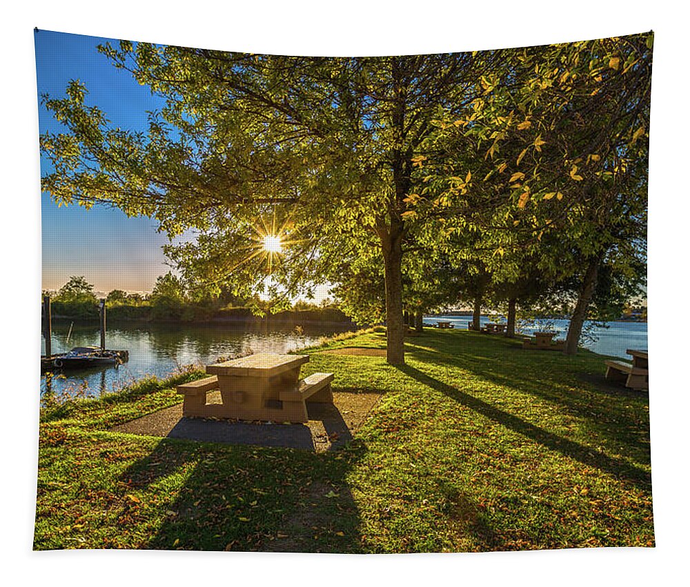Alex Lyubar Tapestry featuring the photograph Autumn at the picnic area by Alex Lyubar