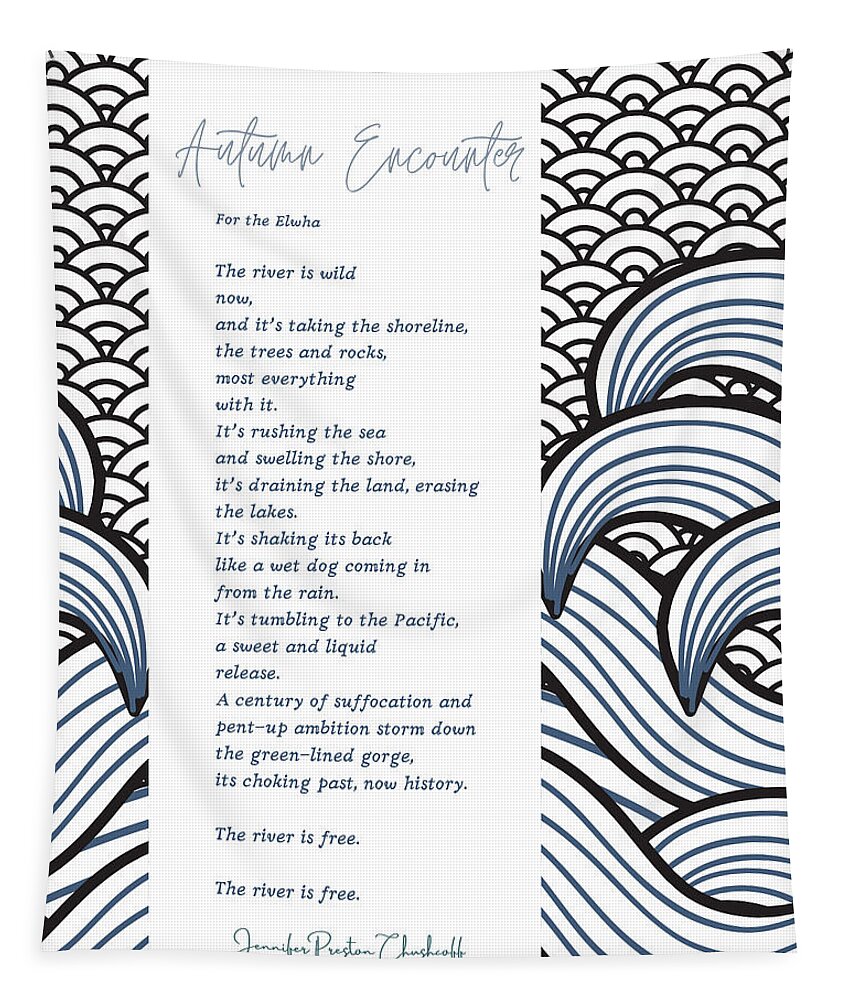 Japanese Woodblock Print Modern Sea Waves Graphic Bold Design Poem Print Original By Jennifer Preston Chushcoff Tapestry featuring the digital art Autumn Encounter by Jennifer Preston