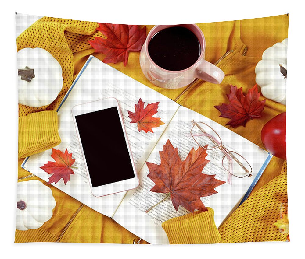 Autumn Tapestry featuring the photograph Autumn Fall Thanksgiving hygge flatlay with sweater, reading glasses and book. by Milleflore Images