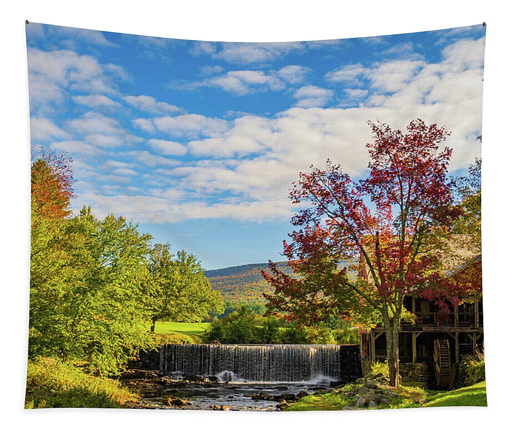 Water Wheel Tapestry featuring the photograph Autumn Foliage in historic Weston Village Vermont by Ann Moore