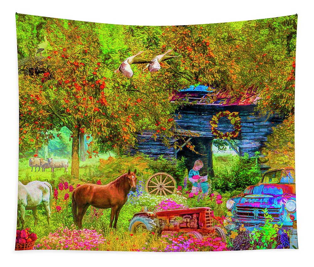 Barns Tapestry featuring the digital art Autumn Garden on the Farm by Debra and Dave Vanderlaan