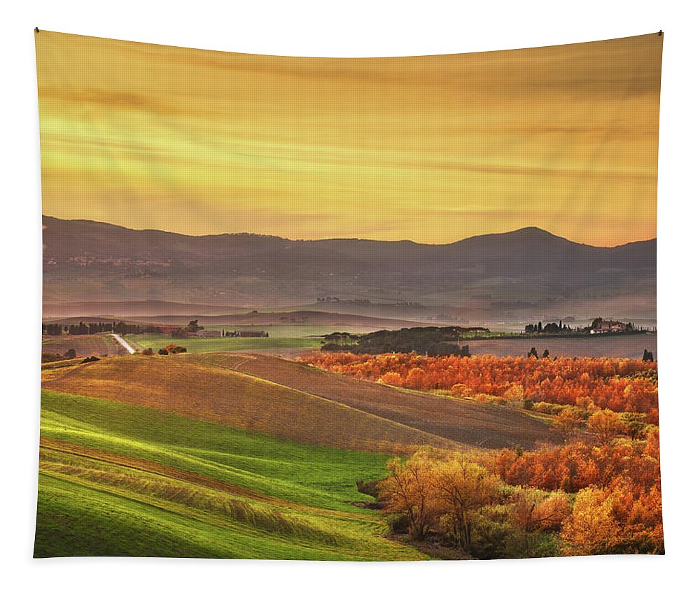 Autumn Tapestry featuring the photograph Autumn in Tuscany, rolling hills and woods. Santa Luce by Stefano Orazzini