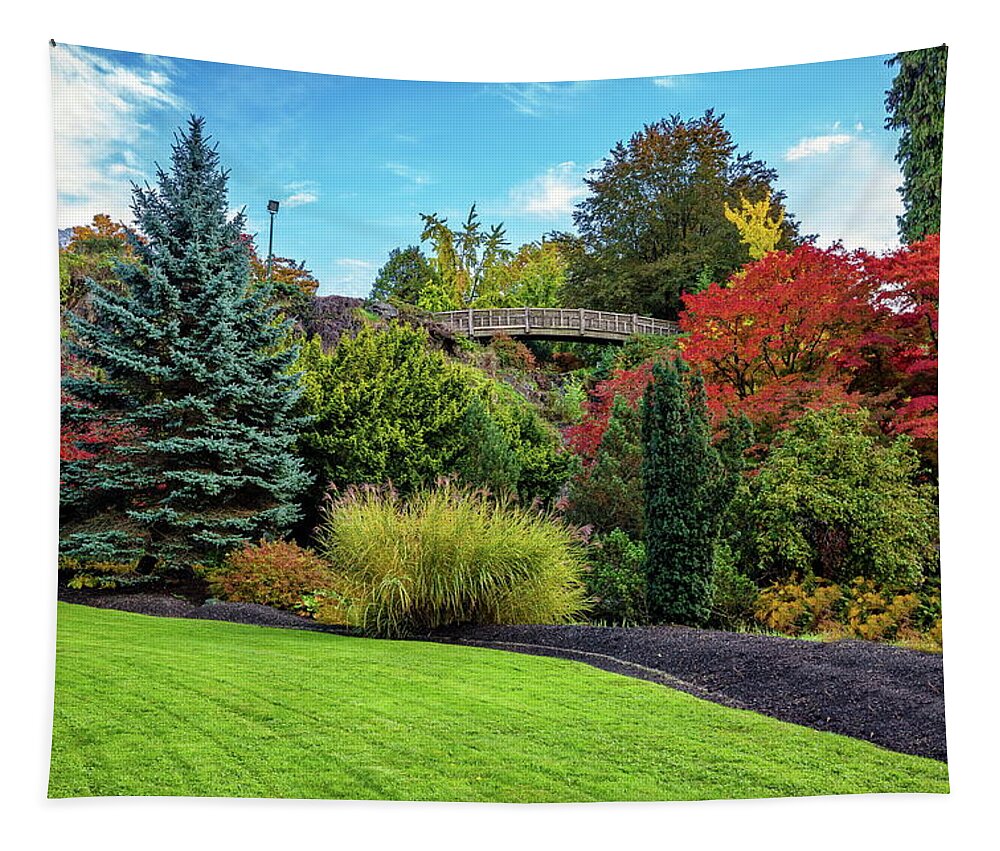 Alex Lyubar Tapestry featuring the photograph Autumn landscape at Queen Elizabeth Park by Alex Lyubar