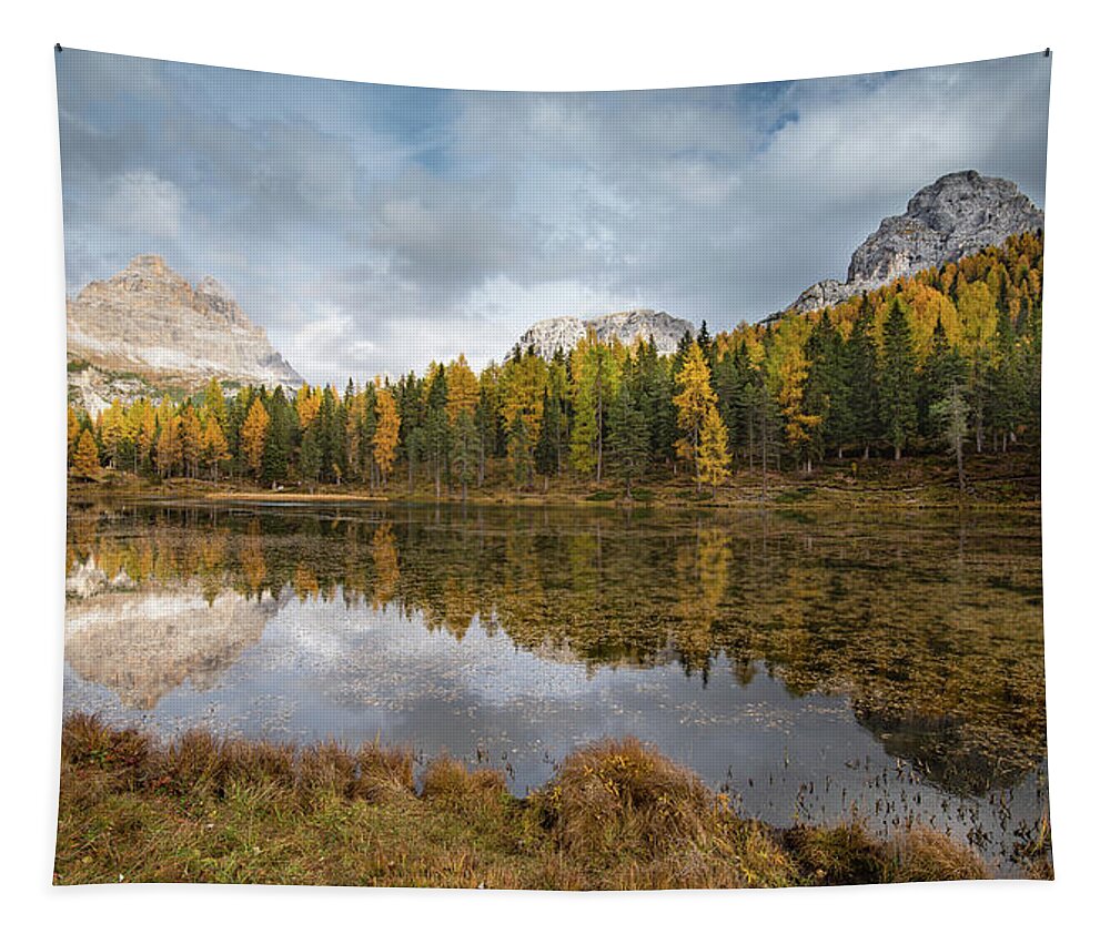 Antorno Lake Tapestry featuring the photograph Lake antorno in autumn Italian dolomiti by Michalakis Ppalis