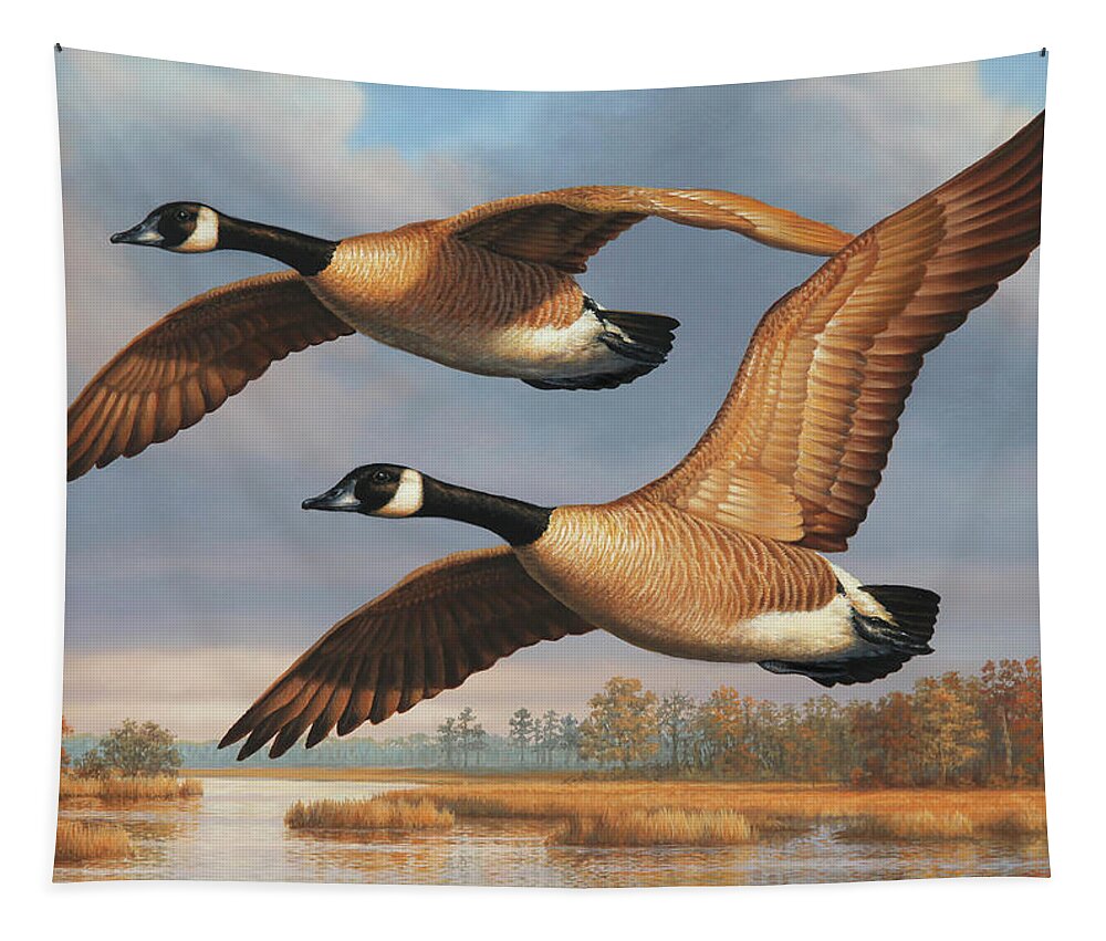 Canada Geese Tapestry featuring the painting Autumn Mates by Guy Crittenden