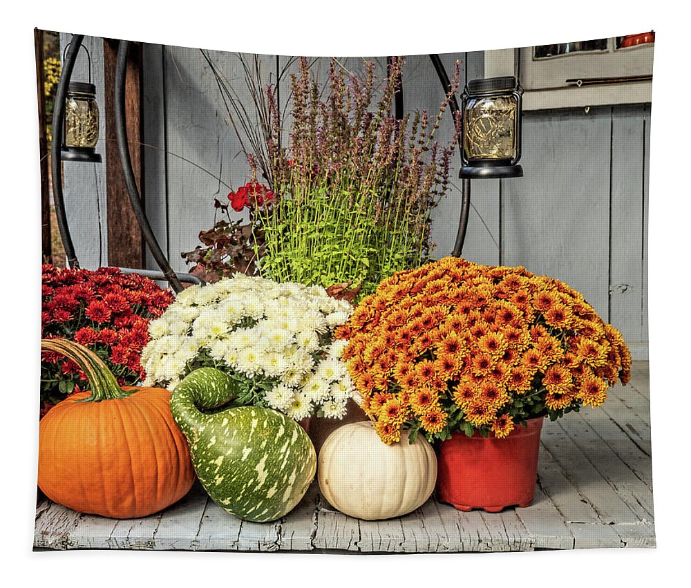 Pumpkin Tapestry featuring the photograph Autumn Mums and Gourds at Whitesbog by Kristia Adams