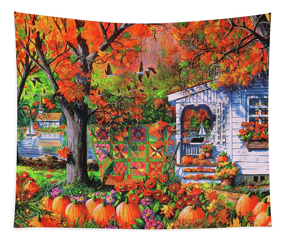 Autumn Landscape With Autumn Patchwork Quilt Tapestry featuring the painting Autumn Patchwork Quilt by Diane Phalen
