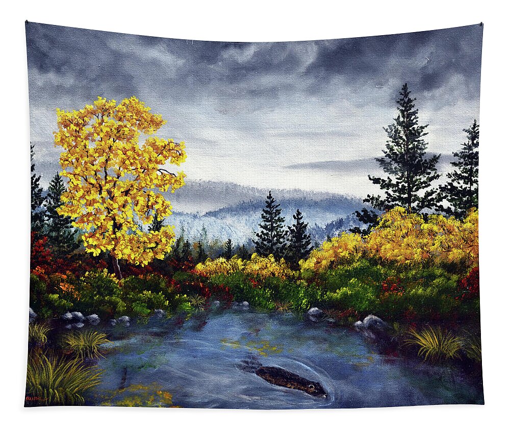 Oregon Tapestry featuring the painting Autumn Pond by Laura Iverson