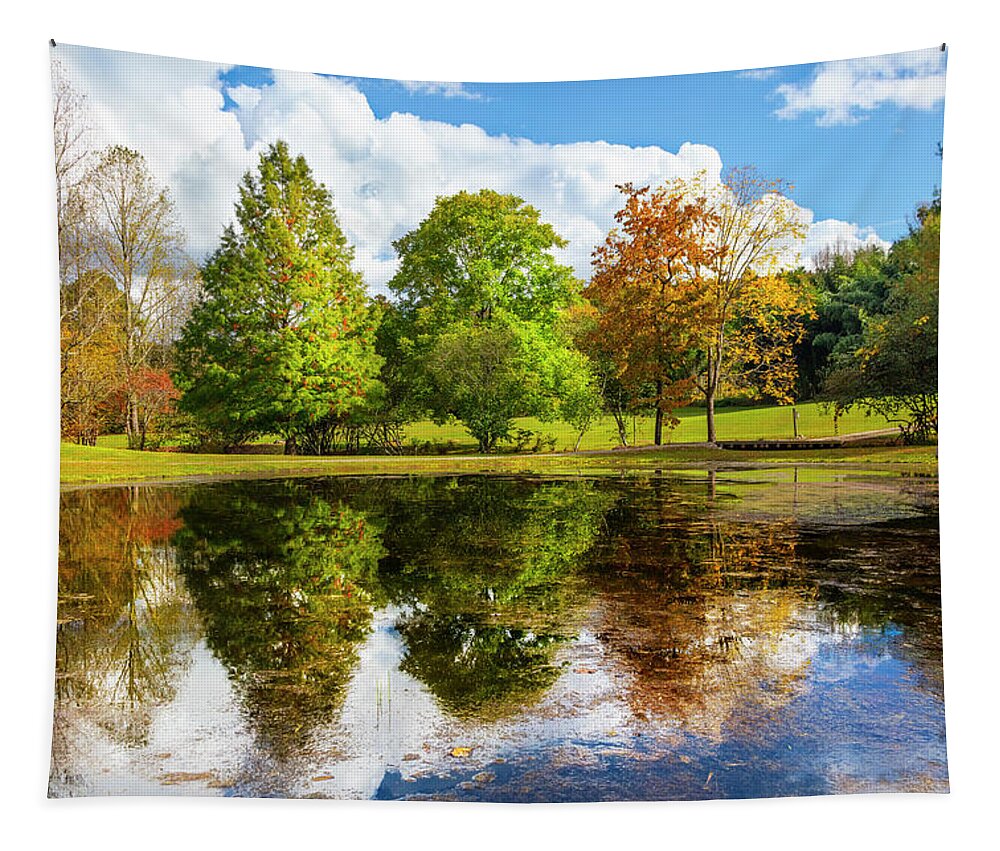 Barns Tapestry featuring the photograph Autumn Reflections at the Lake by Debra and Dave Vanderlaan