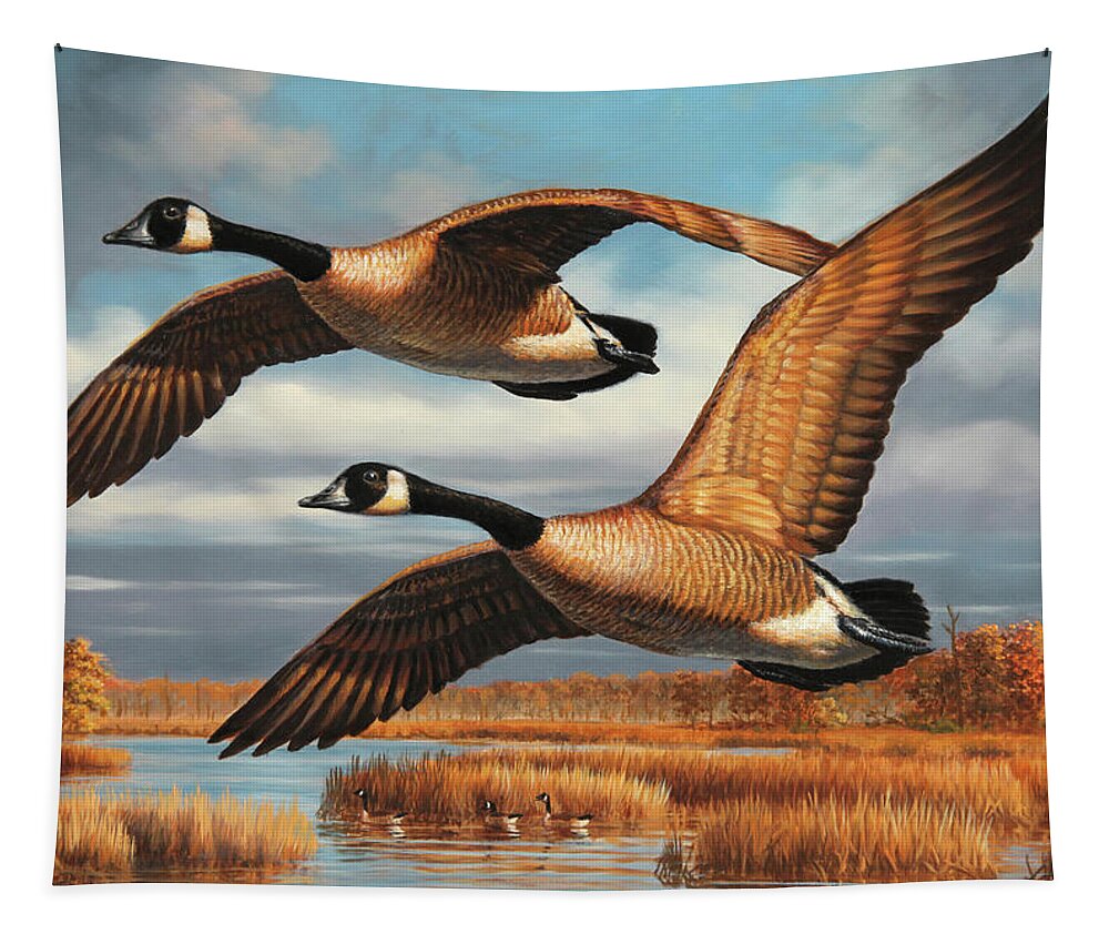 Canada Geese Tapestry featuring the painting Autumn Song by Guy Crittenden