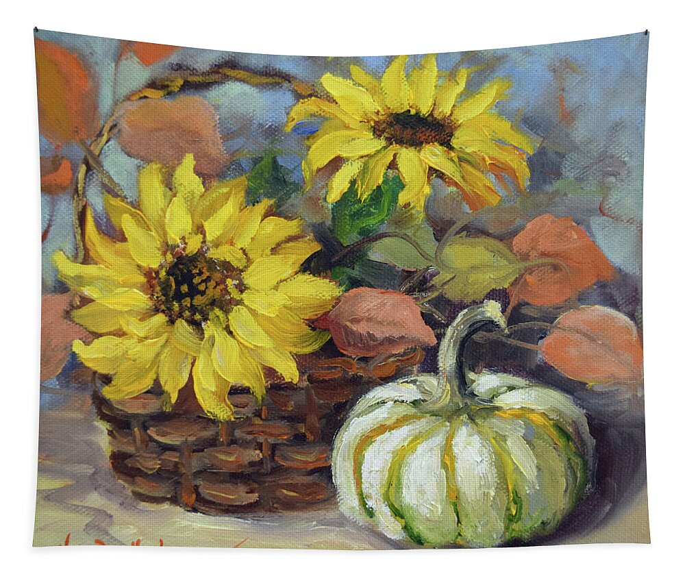 Autumn Art Tapestry featuring the painting Autumn Still Life Of Sunflowers and Decorative Pumpkins by Cheri Wollenberg