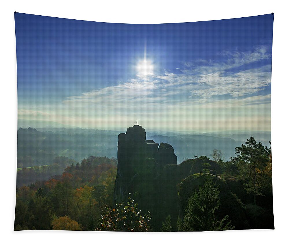 Saxon Switzerland Tapestry featuring the photograph Autumn sunrise in the Elbe Sandstone Mountains by Sun Travels