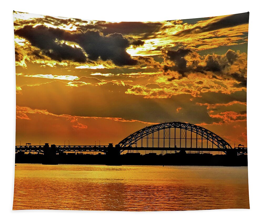Sunset Tapestry featuring the photograph Autumn Sunset Behind Tacony-Palmyra Bridge on the Delaware by Linda Stern