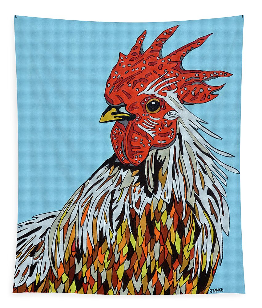 Rooster Chickens Farm Animals Birds Tapestry featuring the painting Autumnus by Mike Stanko