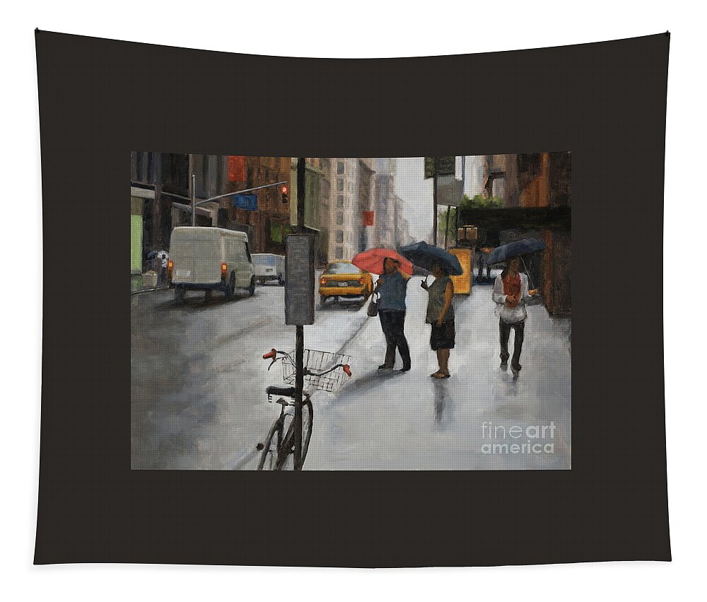 Rain Tapestry featuring the painting Awaiting a cab by Tate Hamilton