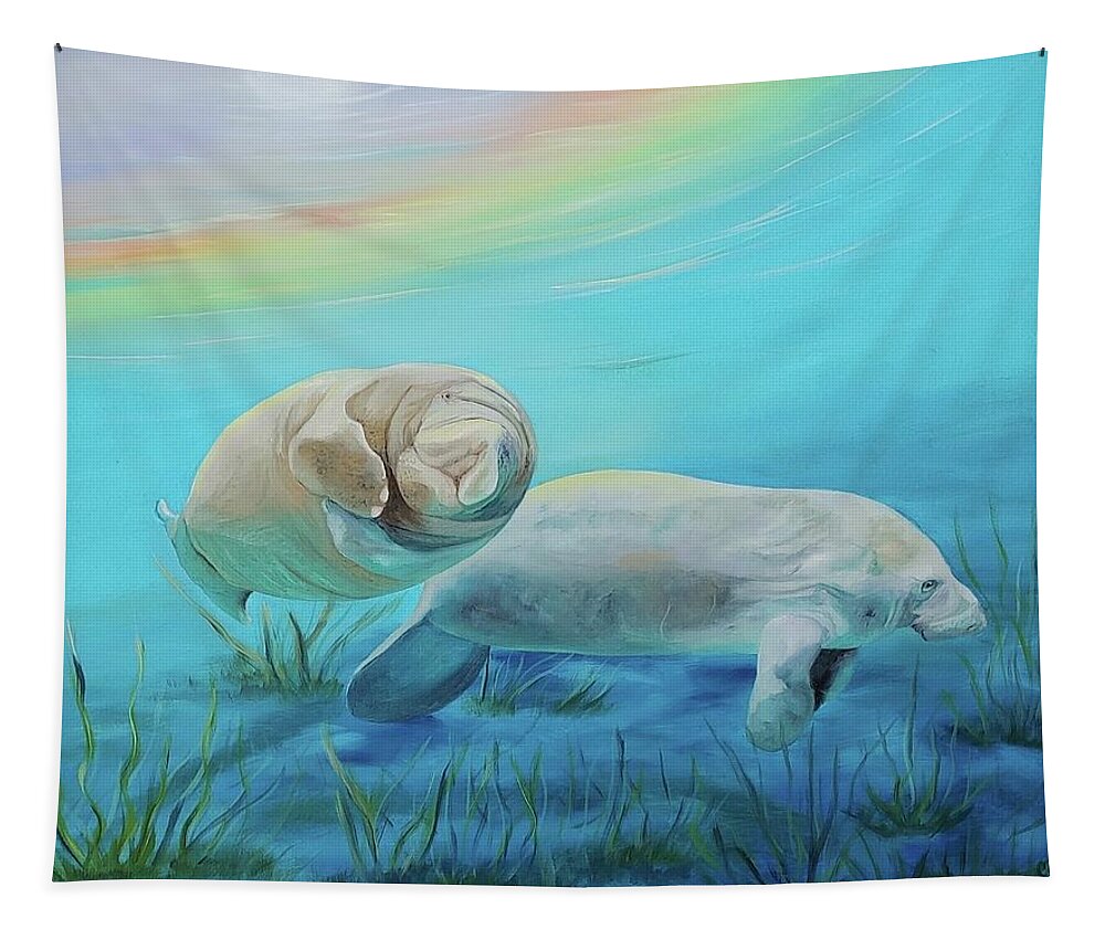 Baby Manatee Tapestry featuring the painting Baby in Tow by Connie Rish