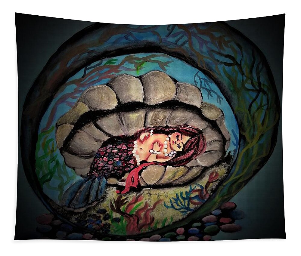 Mermaid Tapestry featuring the painting Baby mermaid sleeping in clam shell by Tara Krishna