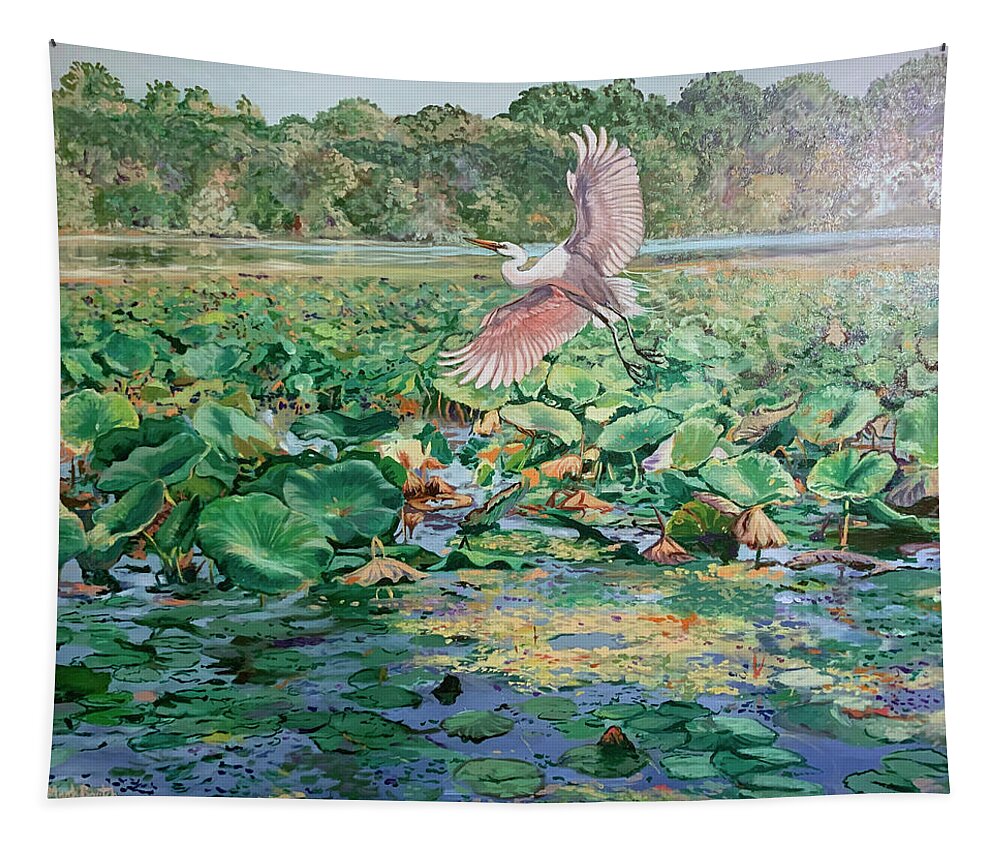 Egret Tapestry featuring the painting Back Water Pond by Marc DeBauch