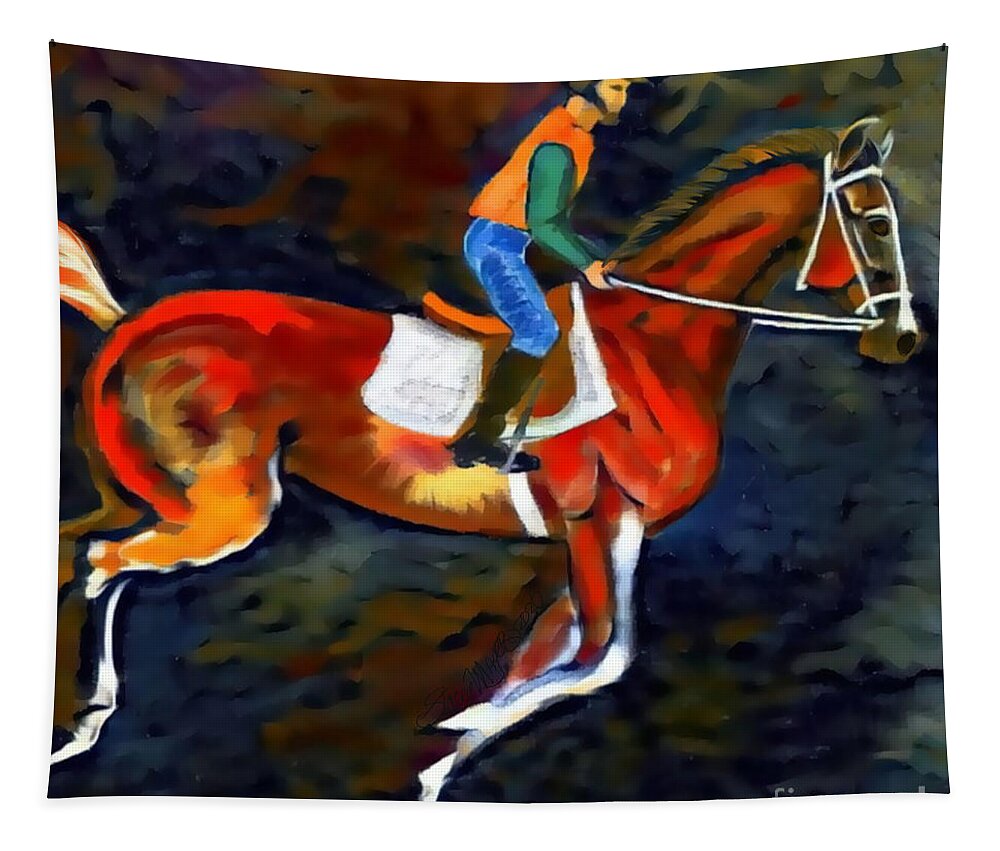 Horse Racing Tapestry featuring the digital art Backstretch Thoroughbred 002 by Stacey Mayer