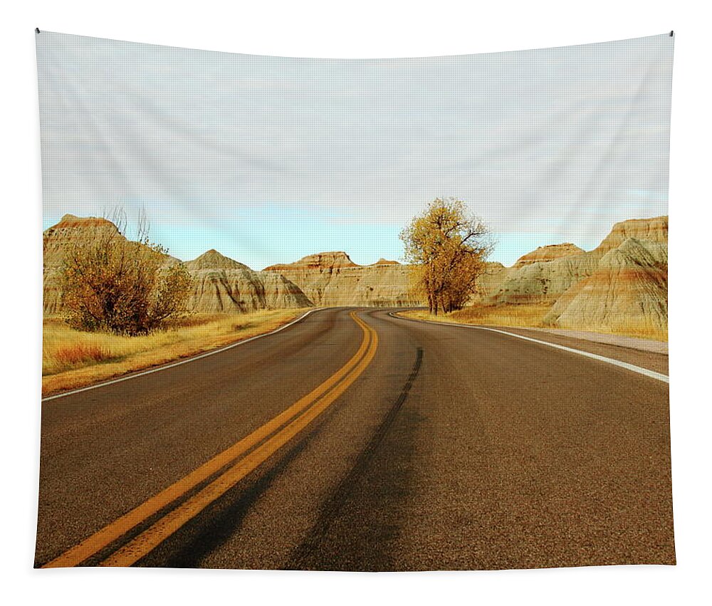 Badlands National Park Tapestry featuring the photograph Badland Blacktop by Lens Art Photography By Larry Trager