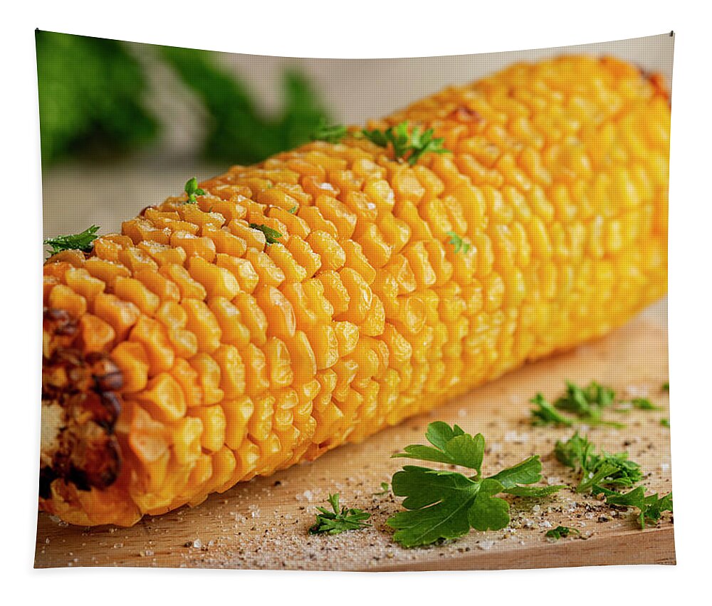 Corn Tapestry featuring the photograph Baked corn cob by Sebastian Radu