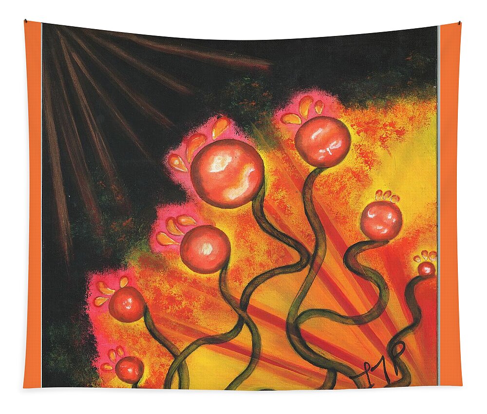 Red Tapestry featuring the painting Balls and Bulbs by Esoteric Gardens KN