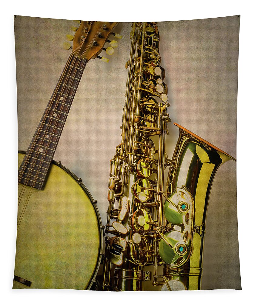  Sax Tapestry featuring the photograph Banjo And Saxophone by Garry Gay