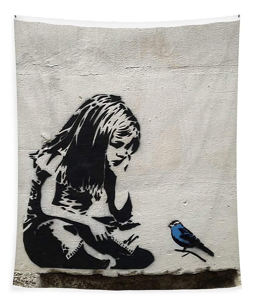 Banksy Tapestry featuring the mixed media Banksy Girl with Blue Bird by Banksy