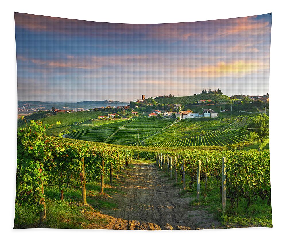Barbaresco Tapestry featuring the photograph Barbaresco village and Langhe vineyards, Piedmont, Italy by Stefano Orazzini