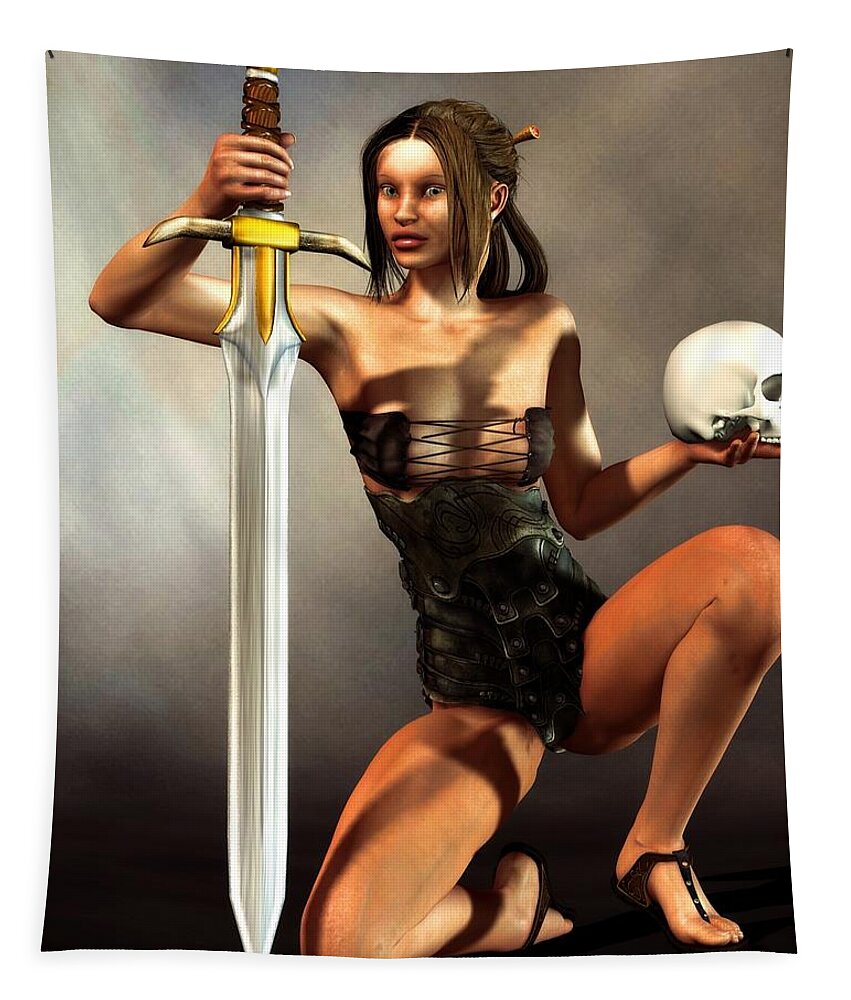 Warrior Tapestry featuring the digital art Barbarian Woman with Sword and Skull by Kaylee Mason
